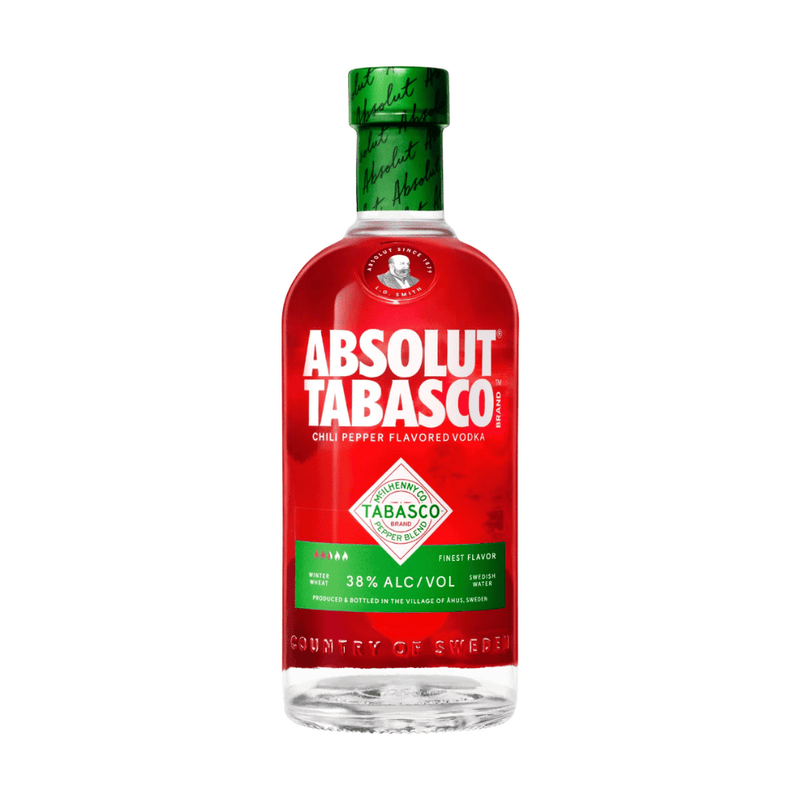 A bottle of Absolut Tabasco chili pepper flavored vodka on a plain white background.